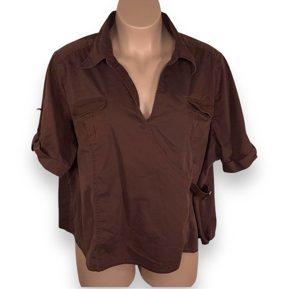 26W 28WCATO BROWN WRAP BLOUSE TOP COLLAR SHORT SLEEVE STRETCH COTTON BLEND - Picture 1 of 12